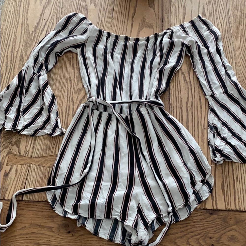 Black white and pink striped romper
